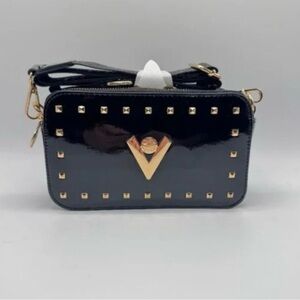 Valentino Orlandi Black Patenth Leather Gold Studded Camera Bag
